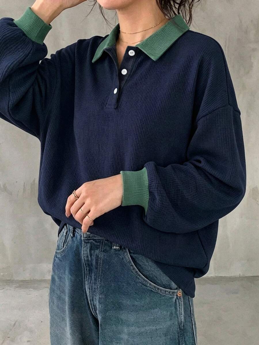 FRIFUL 女款黑白條紋寬鬆 Polo 領中袖休閒夏季 T 恤 秋季 - 藏蓝色 - 查看 1
