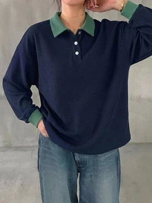 FRIFUL 女款黑白條紋寬鬆 Polo 領中袖休閒夏季 T 恤 秋季 - 藏蓝色 - 查看 3