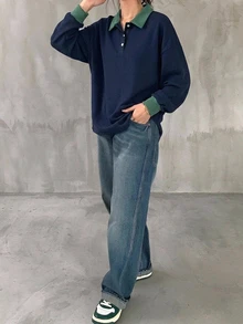 FRIFUL 女款黑白條紋寬鬆 Polo 領中袖休閒夏季 T 恤 秋季 - 藏蓝色 - 查看 5