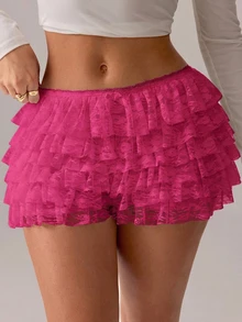 SHEIN SXY 女士蕾丝层叠荷叶边休闲百搭日常短裤 - 玫紅色 - 查看 3