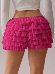 SHEIN SXY 女士蕾丝层叠荷叶边休闲百搭日常短裤 - 玫紅色 - 查看 2