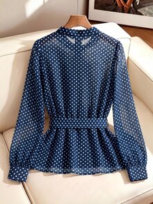 SHEIN Clasi Plus Size Elegant Vintage Commuter Blue Polka Dot Print Blouse Teachers' Day Office Work Summer - Navy Blue - View 2