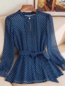SHEIN Clasi Plus Size Elegant Vintage Commuter Blue Polka Dot Print Blouse Teachers' Day Office Work Summer - Navy Blue - View 5