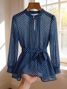 SHEIN Clasi Plus Size Elegant Vintage Commuter Blue Polka Dot Print Blouse Teachers' Day Office Work Summer - Navy Blue - View 1