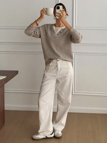 DAZY Pullover Kasual dengan Blok Warna, Sweater Rajut Lembut 2 in 1 untuk Wanita Musim Gugur - Unta - View 3