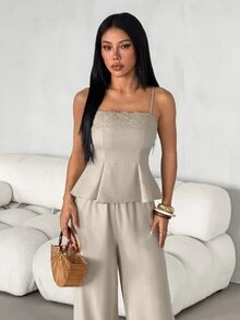 SHEIN PETITE Women's Lace Patchwork Camisole Top And Textured Long Pants 2 Pieces Set - Apricot - View 11