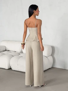 SHEIN PETITE Women's Lace Patchwork Camisole Top And Textured Long Pants 2 Pieces Set - Apricot - View 6