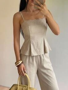 SHEIN PETITE Women's Lace Patchwork Camisole Top And Textured Long Pants 2 Pieces Set - Apricot - View 3