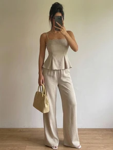 SHEIN PETITE Women's Lace Patchwork Camisole Top And Textured Long Pants 2 Pieces Set - Apricot - View 4