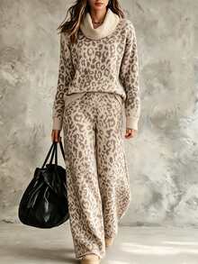 SHEIN New Leopard Print Knit Two Pieces Outfit, Oversized Draped Turtleneck Sweater Matching Wide Leg Trouser - Multicolor - View 3