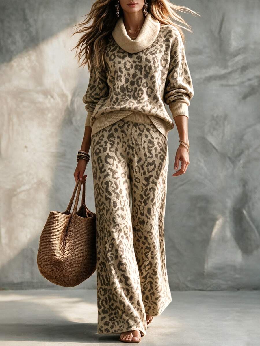 SHEIN New Leopard Print Knit Two Pieces Outfit, Oversized Draped Turtleneck Sweater Matching Wide Leg Trouser - Multicolor - View 1