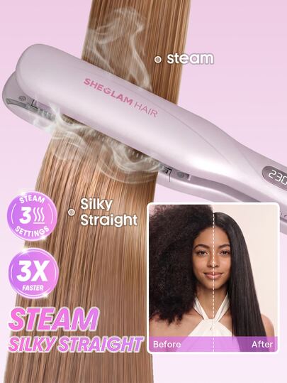 SHEGLAM HAIR مكواة الشعر البخارية هيدرا شوت برو، مكواة فرد الشعر بالبخار، مكواة فرد وتجعيد الشعر، تقنية البخار الدافئ لشعر ناعم كالحرير، تصميم مُخدد يركز البخار على الشعر، 3 إعدادات للبخار وتصفيف سريع في 9 دقائق، جهد كهربائي مزدوج لجميع أنواع الشعر