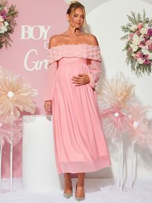 Loomaby Maternity 3D Floral Decor Off-Shoulder Long Sleeve Elegant Dress - Pink - View 5