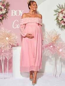 Loomaby Maternity 3D Floral Decor Off-Shoulder Long Sleeve Elegant Dress - Pink - View 6