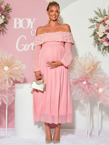 Loomaby Maternity 3D Floral Decor Off-Shoulder Long Sleeve Elegant Dress - Pink - View 4