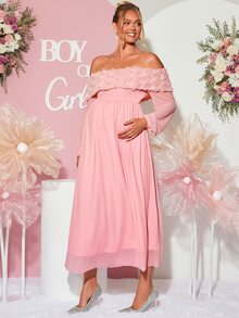 Loomaby Maternity 3D Floral Decor Off-Shoulder Long Sleeve Elegant Dress - Pink - View 7