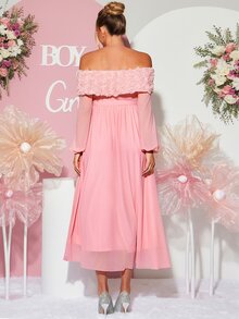 Loomaby Maternity 3D Floral Decor Off-Shoulder Long Sleeve Elegant Dress - Pink - View 8