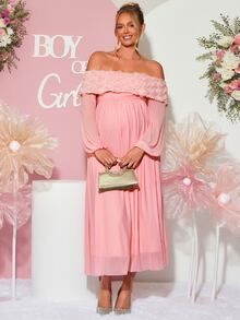 Loomaby Maternity 3D Floral Decor Off-Shoulder Long Sleeve Elegant Dress - Pink - View 3