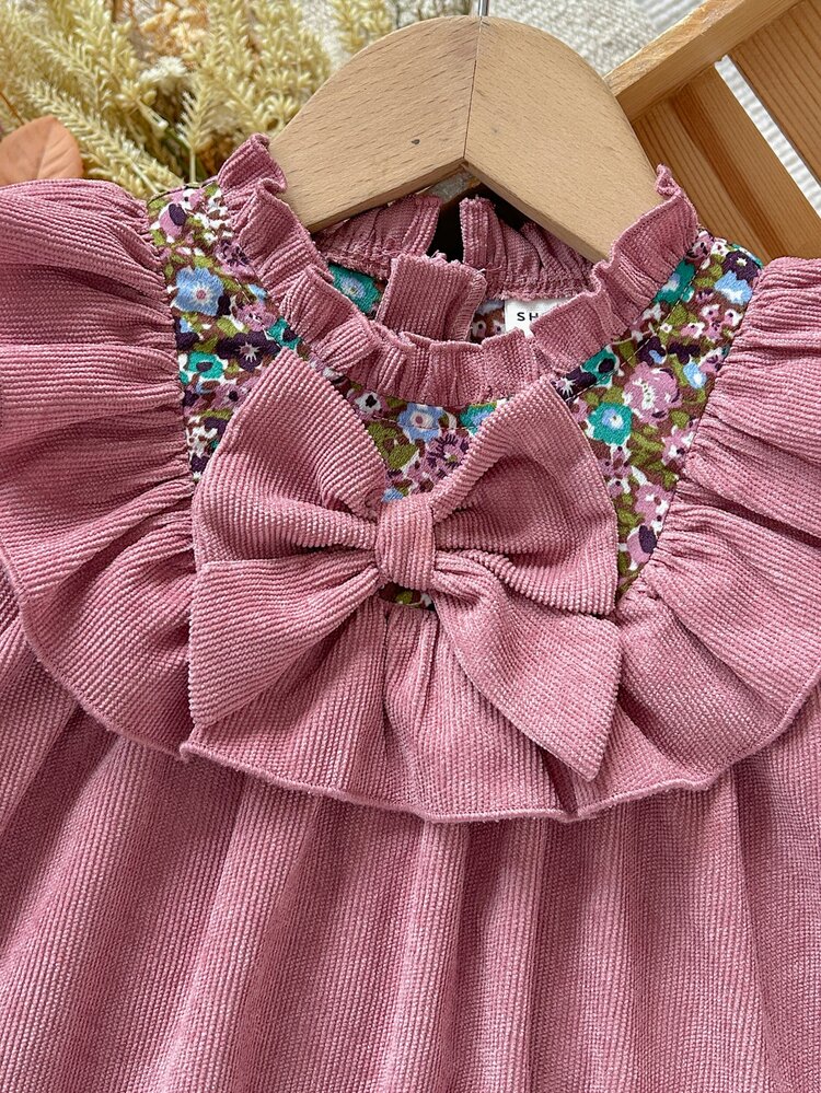 SHEIN Baby Girl Baby Girl Woven Solid Color Corduroy Patchwork Floral Lace Collar Casual Long Sleeve Dress, Suitable For Autumn/Winter, Versatile - Multicolor - View 5