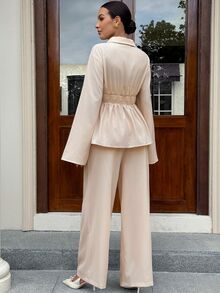 MaterniWear Maternity Long Sleeve Single-Breasted Shirt And Adjustable Waistband Pants Nursing 2 Pieces Set Fall - Khaki - View 8