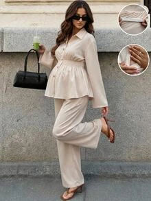 MaterniWear Maternity Long Sleeve Single-Breasted Shirt And Adjustable Waistband Pants Nursing 2 Pieces Set Fall - Khaki - View 1