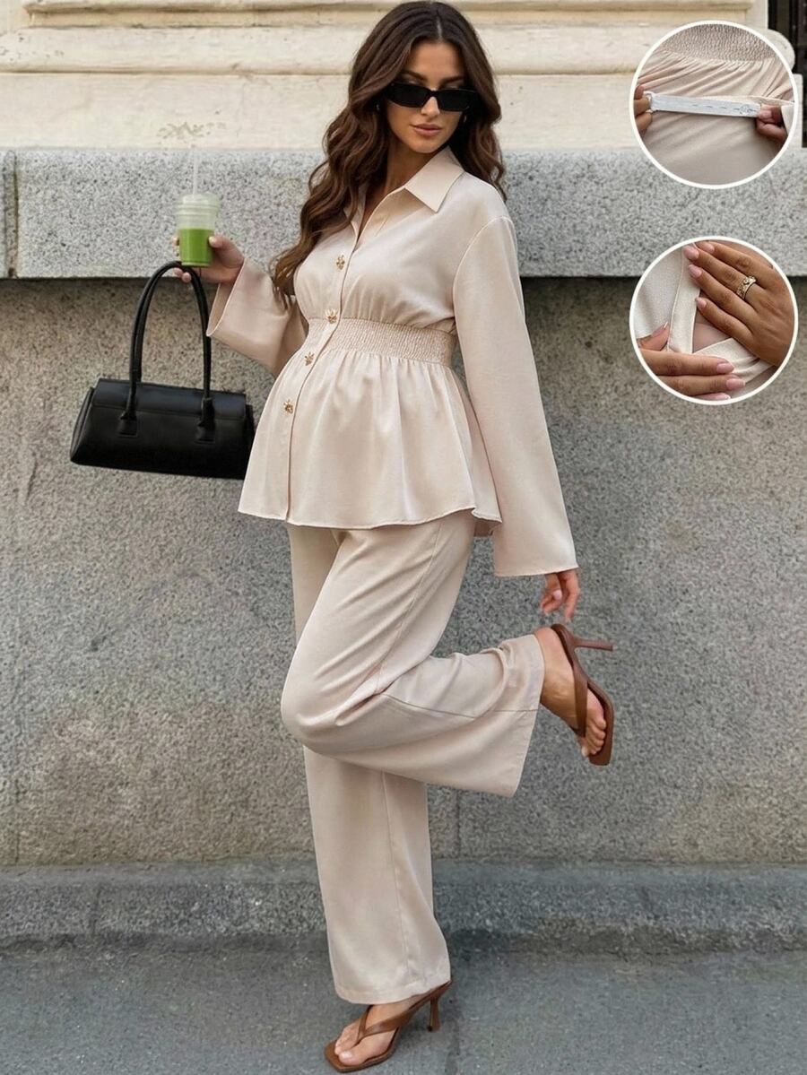 MaterniWear Maternity Long Sleeve Single-Breasted Shirt And Adjustable Waistband Pants Nursing 2 Pieces Set Fall - Khaki - View 1