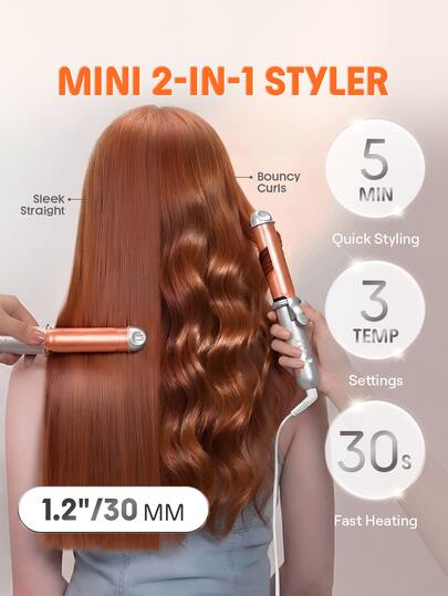 SHEGLAM HAIR Travel Buddy Pocket Curling Straightener,2 In 1 Flat Iron Curling Iron,
Mini Styler,3 Temp Settings & 30s Rapid Heating,2 Ways To Style For Sleek Straight & Bouncy Curls,Ravel Friendly Universal Voltage For Multiple Hair Types