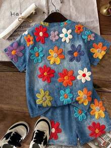 Young Girl Casual Simple Cute Fun Textured Floral Print, Short Sleeve Long Pants 2-Piece Set Suitable For Summer Graphic,Cozy, Girls Outfit Sets, Y2k, Vintage, Vacation - Multicolor - View 4