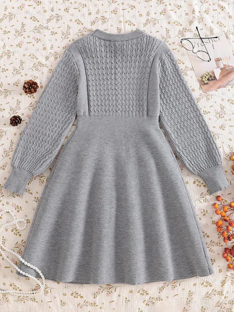 SHEIN Fall Clothes Winter Tween Girls Grey Elegant Round Neck Long Sleeve Bow Sweater Dress, Back To School, Cozy Soft, Festival Outfits Christmas - Grey - View 2