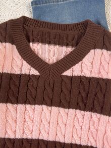 SHEIN Tween Girls Striped Colorblock Cable Knit V-Neck Lantern Sleeve Loose Fit Pullover Sweater, Suitable For Autumn/Winter And Outings - Multicolor - View 7