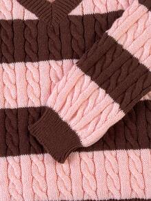SHEIN Tween Girls Striped Colorblock Cable Knit V-Neck Lantern Sleeve Loose Fit Pullover Sweater, Suitable For Autumn/Winter And Outings - Multicolor - View 4