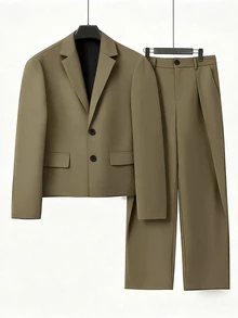 HUEFORM Men's Solid Color Single-Breasted Long Sleeve Jacket And Pants Casual Suit Set - Khaki - View 3