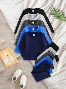 SHEIN Playful Pals 男嬰純色休閒保守牛仔上衣與長褲套裝，家庭配色派對款，黑色、灰色、藍色、深藍色 - 彩色 - 查看 2