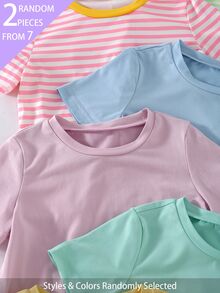 【2件隨機發送】女童純色/嬰兒粉 白色 藍色 橘色 柔軟休閒仙女風T恤，適合夏季，美式海灘風 - 彩色 - 查看 3
