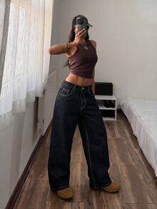 Muchica Women's Pocket Button Casual Versatile Daily Wear Wide Leg Jeans - Black - View 5