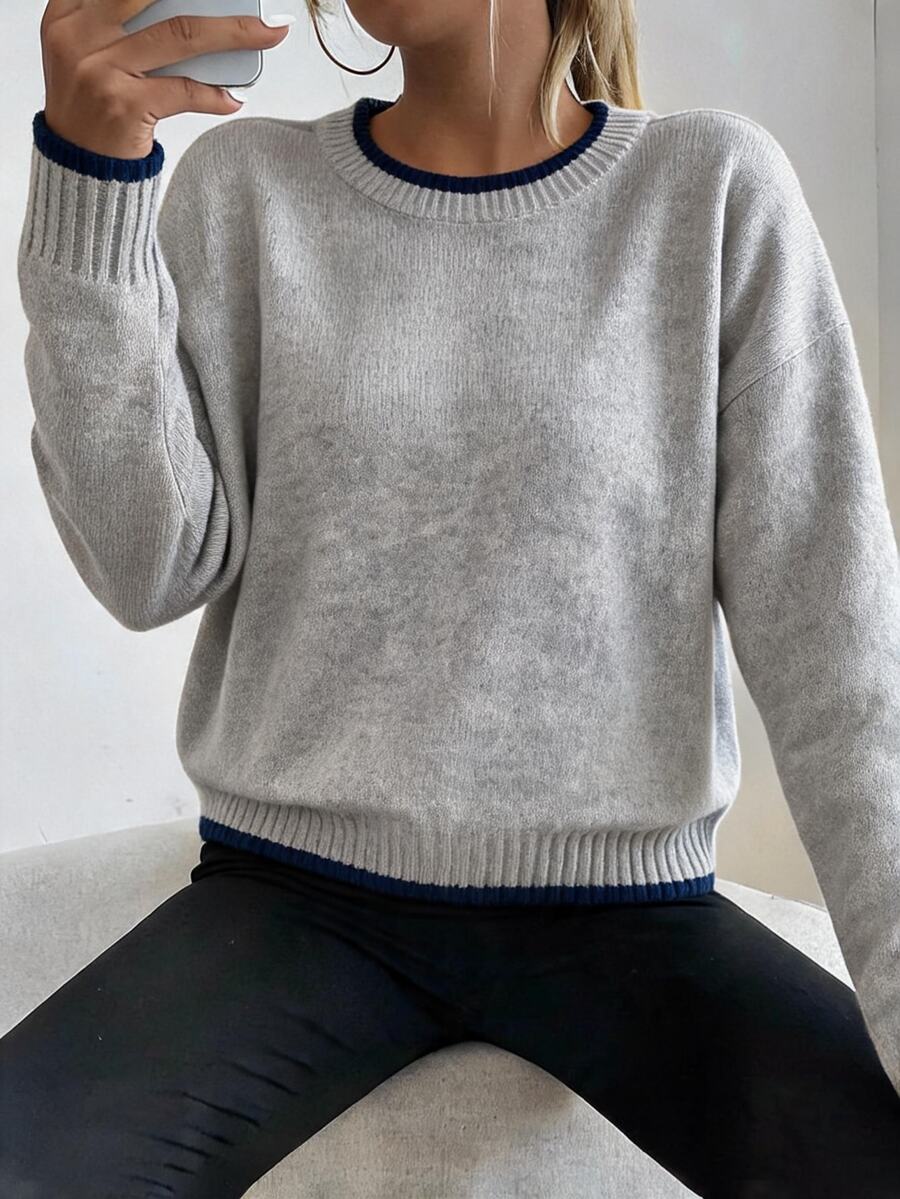 SHEIN LUNE 女款灰色拼色圓領套頭毛衣,休閒運動風,秋冬款 - 灰色 - 查看 1