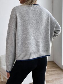 SHEIN LUNE 女款灰色拼色圓領套頭毛衣，休閒運動風，秋冬款 - 灰色 - 查看 2