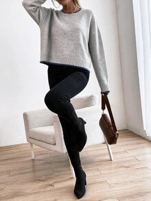 SHEIN LUNE 女款灰色拼色圓領套頭毛衣，休閒運動風，秋冬款 - 灰色 - 查看 4