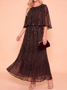 Amorya Women's Dark Brown Sequin Patchwork Elegant Mid-Length Dress, Summer Wedding Dinner Cocktail Party Formal Evening Prom Ceremony Gown Outfit - Brown - View 7