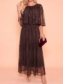 Amorya Women's Dark Brown Sequin Patchwork Elegant Mid-Length Dress, Summer Wedding Dinner Cocktail Party Formal Evening Prom Ceremony Gown Outfit - Brown - View 9