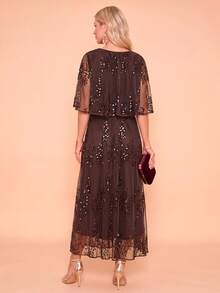 Amorya Women's Dark Brown Sequin Patchwork Elegant Mid-Length Dress, Summer Wedding Dinner Cocktail Party Formal Evening Prom Ceremony Gown Outfit - Brown - View 4