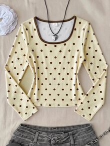 Tween Girls T-Shirts Autumn Kids Knit Brown Pattern Neck Casual Cute Slim Fit Long Sleeve T-Shirt School - Multicolor - View 6