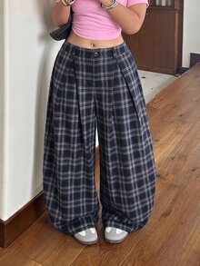Muchica 大尺碼女款格紋百褶鈕扣寬鬆長褲 - 藍色 - 查看 5