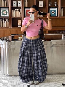 Muchica 大尺碼女款格紋百褶鈕扣寬鬆長褲 - 藍色 - 查看 6