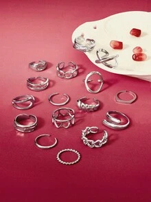 Glisma 16 Pcs/Set Punk Rings Set For Women Vintage Geometric Rings Set Fashion Personalized Jewelry Gifts Match With Daily Outfits, Party Accessories - Silver - View 1