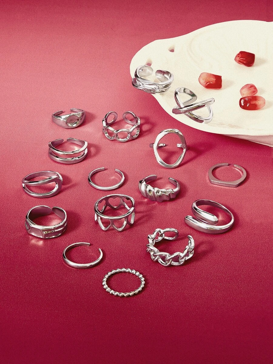 Glisma 16 Pcs/Set Punk Rings Set For Women Vintage Geometric Rings Set Fashion Personalized Jewelry Gifts Match With Daily Outfits, Party Accessories - Silver - View 1