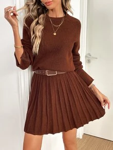 SHEIN PariChic Collegiate Style Women's Raglan Sleeve Sweater And Pleated Knit Midi Skirt Casual Set - Brown - View 8
