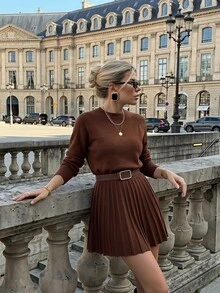 SHEIN PariChic Collegiate Style Women's Raglan Sleeve Sweater And Pleated Knit Midi Skirt Casual Set - Brown - View 1