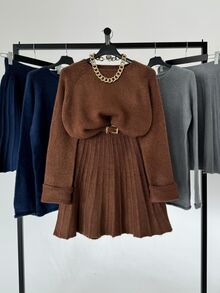 SHEIN PariChic Collegiate Style Women's Raglan Sleeve Sweater And Pleated Knit Midi Skirt Casual Set - Brown - View 3