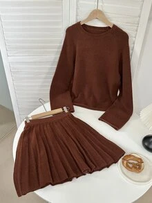 SHEIN PariChic Collegiate Style Women's Raglan Sleeve Sweater And Pleated Knit Midi Skirt Casual Set - Brown - View 7
